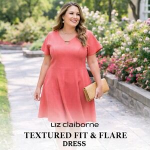 LIZ CLAIBORNE Coral Textured Fit Flare Dress 16 Flutter Sleeve NEW Modest Career